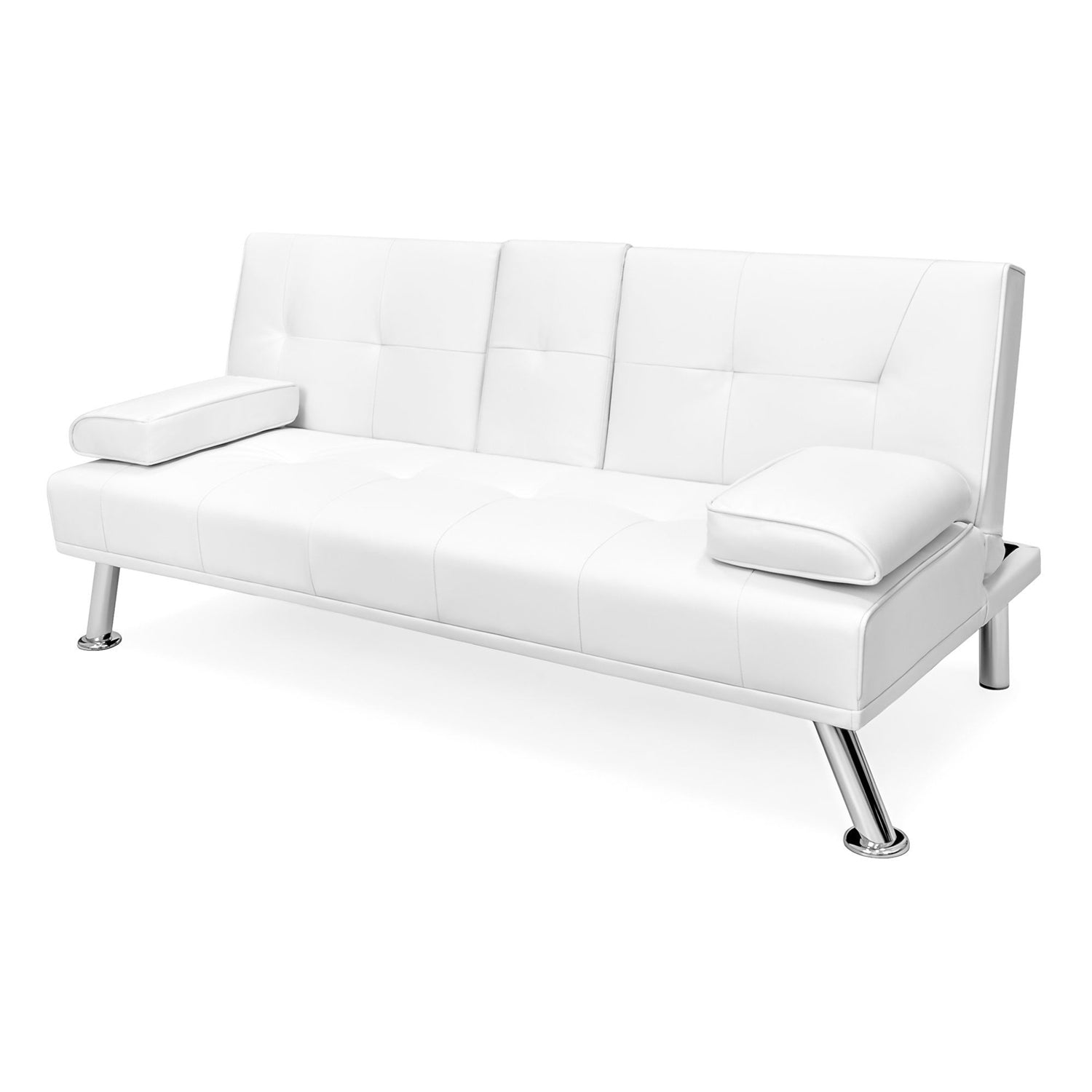 White Faux Leather Convertible Sofa Futon with 2 Cup Holders-2