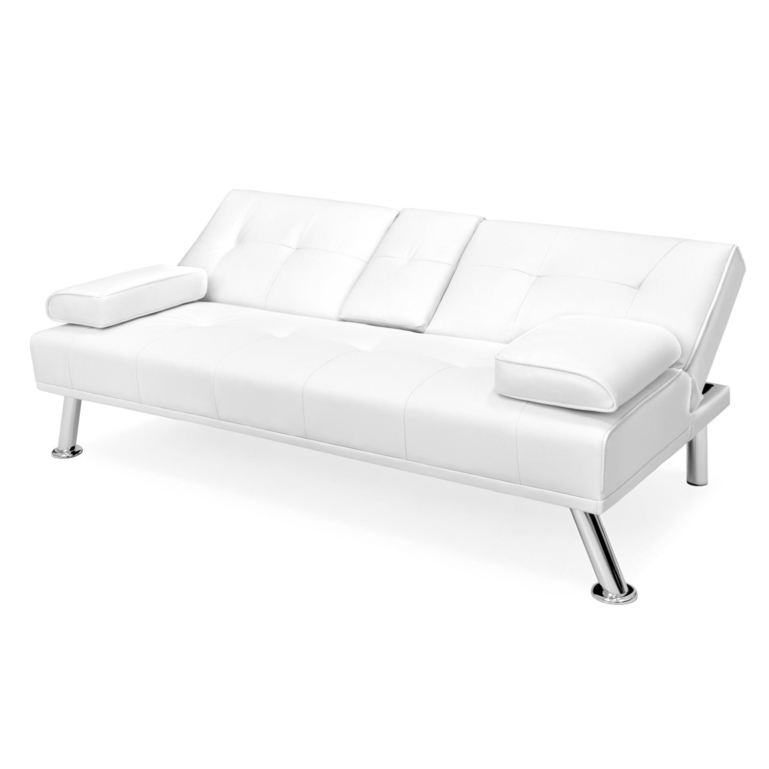 White Faux Leather Convertible Sofa Futon with 2 Cup Holders-3