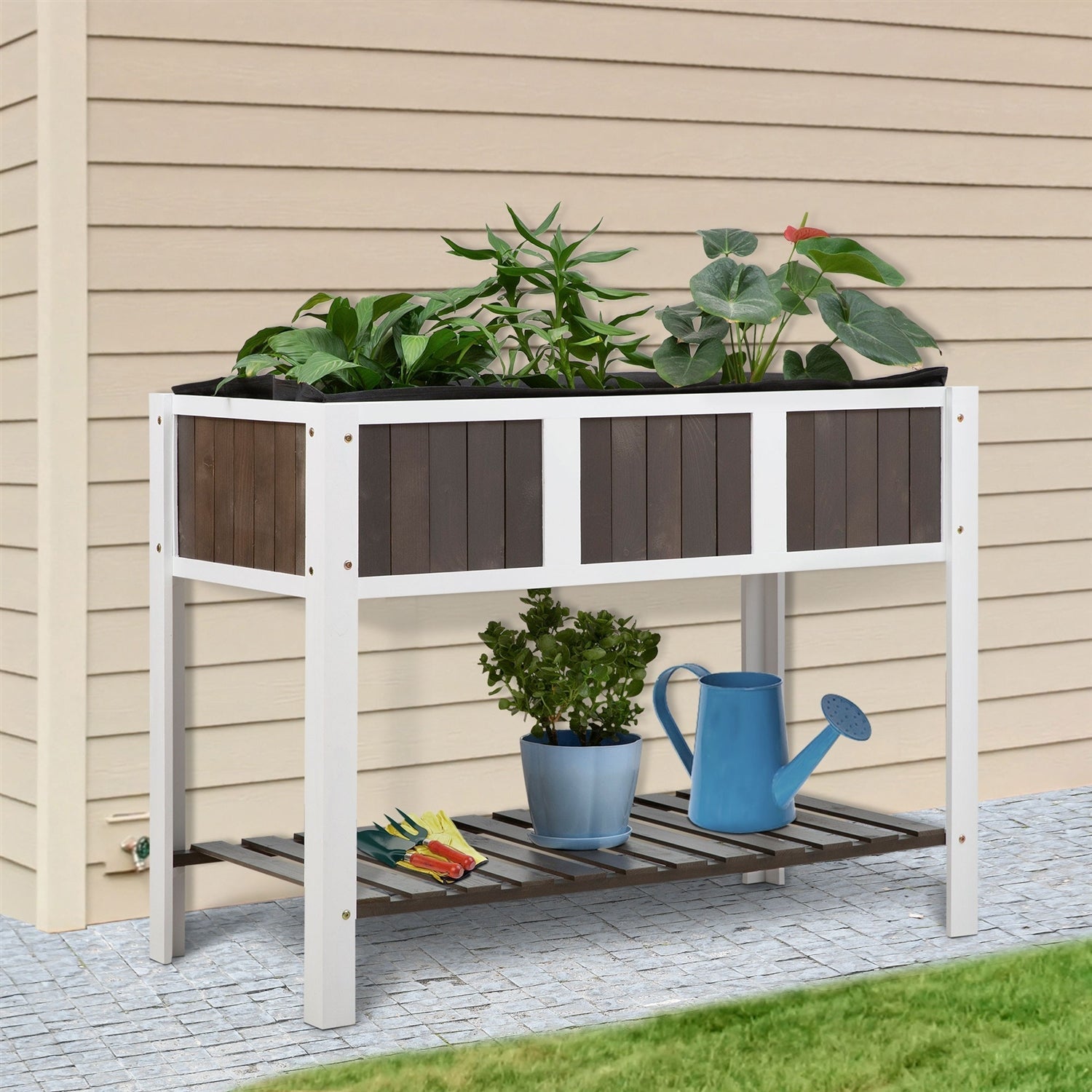 White Wooden 2 Level Elevated Raised Garden Planter Bed-1