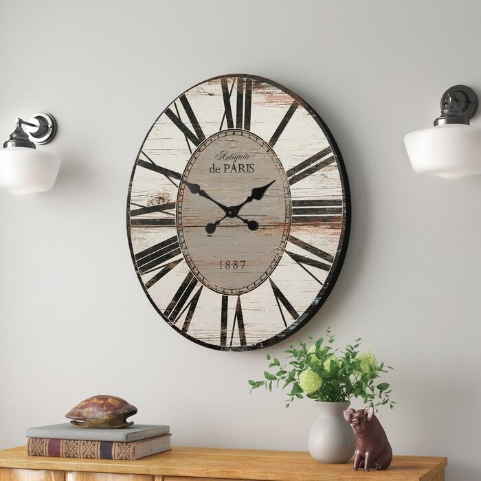 White Washed Oversized Distressed Paris Wood Wall Clock-1