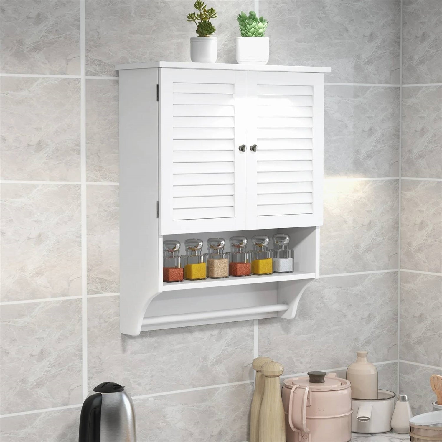 White Wall-Mounted Bathroom Storage Medicine Cabinet with Louver Doors-2
