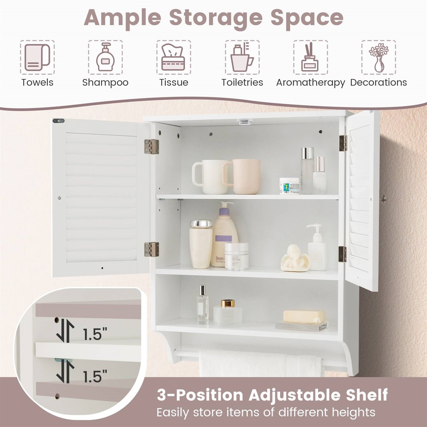 White Wall-Mounted Bathroom Storage Medicine Cabinet with Louver Doors-3