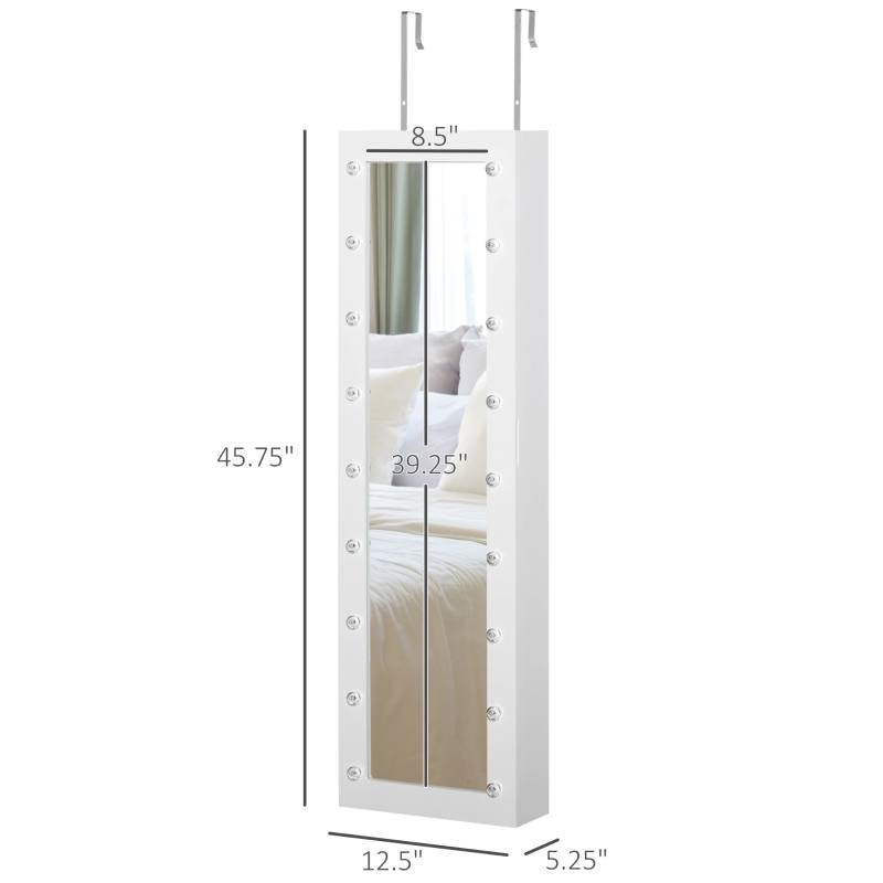 White Door/Wall Mounted Jewelry Armoire Cabinet with Mirror and LED Lights-4