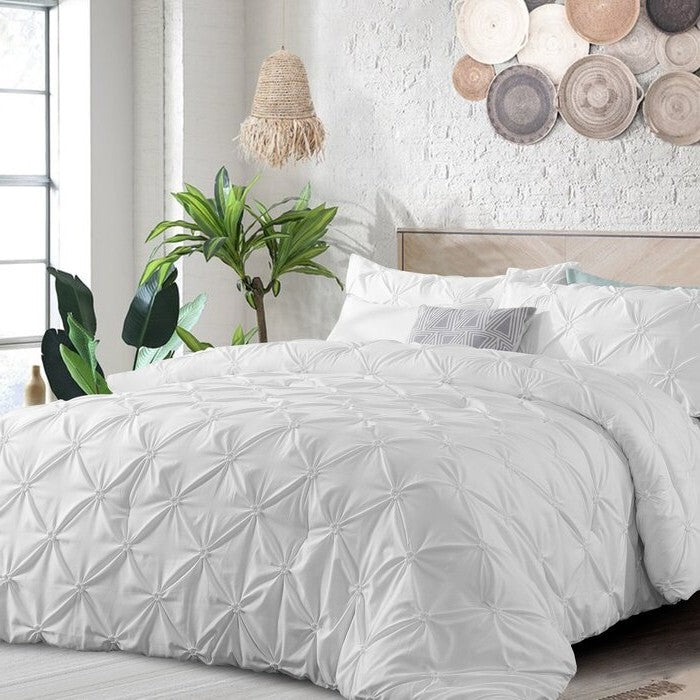 King Size All Season Pleated Hypoallergenic Microfiber Reversible 3 Piece Comforter Set in White-2