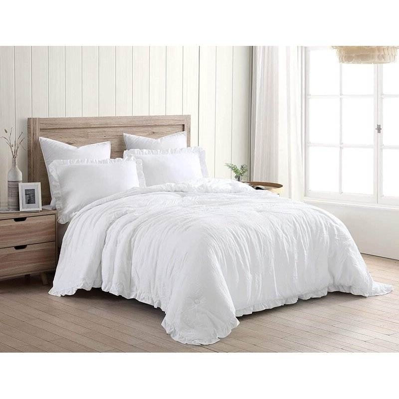 King Size White Ruffled Edge Microfiber Comforter Set-0