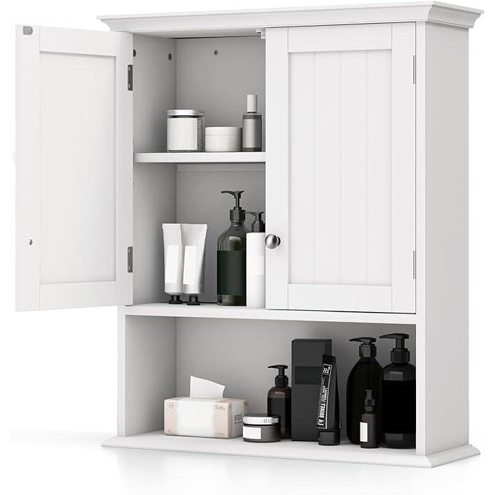 Wall Mounted Bathroom Medicine Cabinet with Open Storage Shelf in White-0