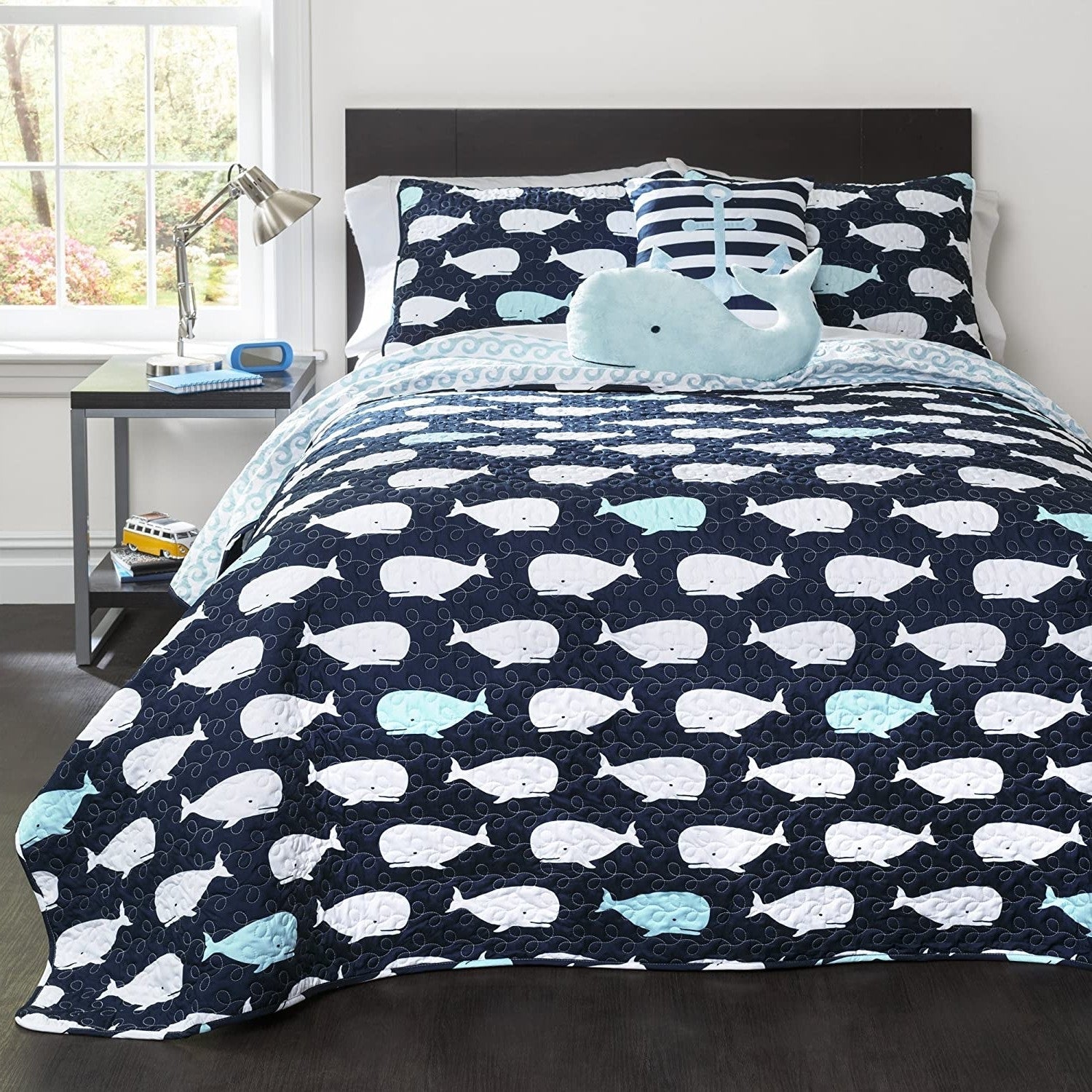 Full/Queen 5 Piece Bed In A Bag Navy Teal Microfiber Waves Whales Quilt Set-0