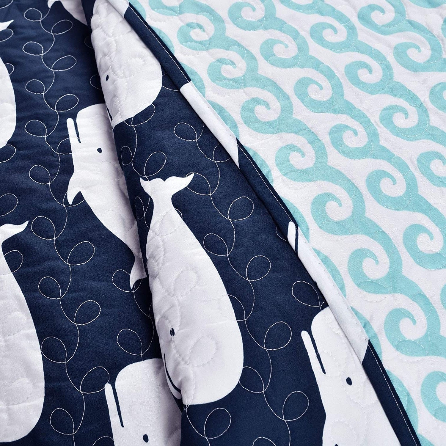 Full/Queen 5 Piece Bed In A Bag Navy Teal Microfiber Waves Whales Quilt Set-2