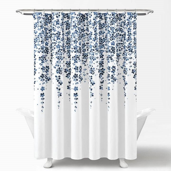 72-inch White Navy and Light Blue Floral Vines and Flowers Shower Curtain-0