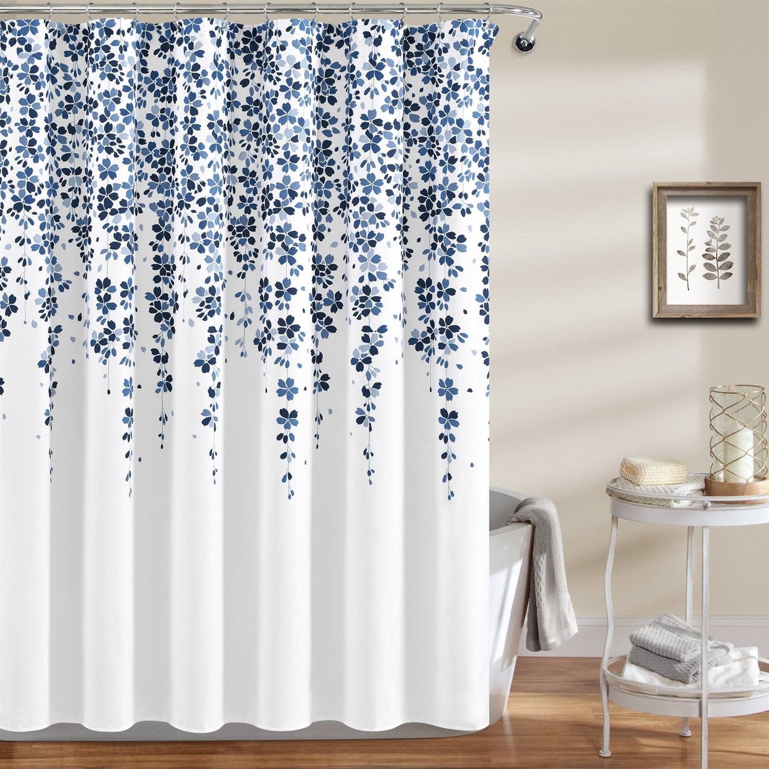 72-inch White Navy and Light Blue Floral Vines and Flowers Shower Curtain-1