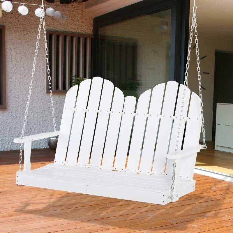 White Solid Wood 2-Seater Hanging Patio Porch Swing-0