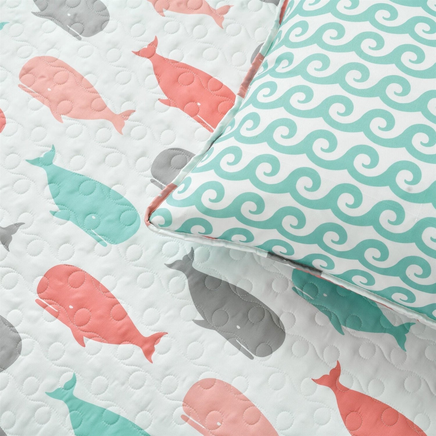 Full/Queen 5 Piece Microfiber Quilt Set in Teal Pink Aqua Waves Whale Pattern-2