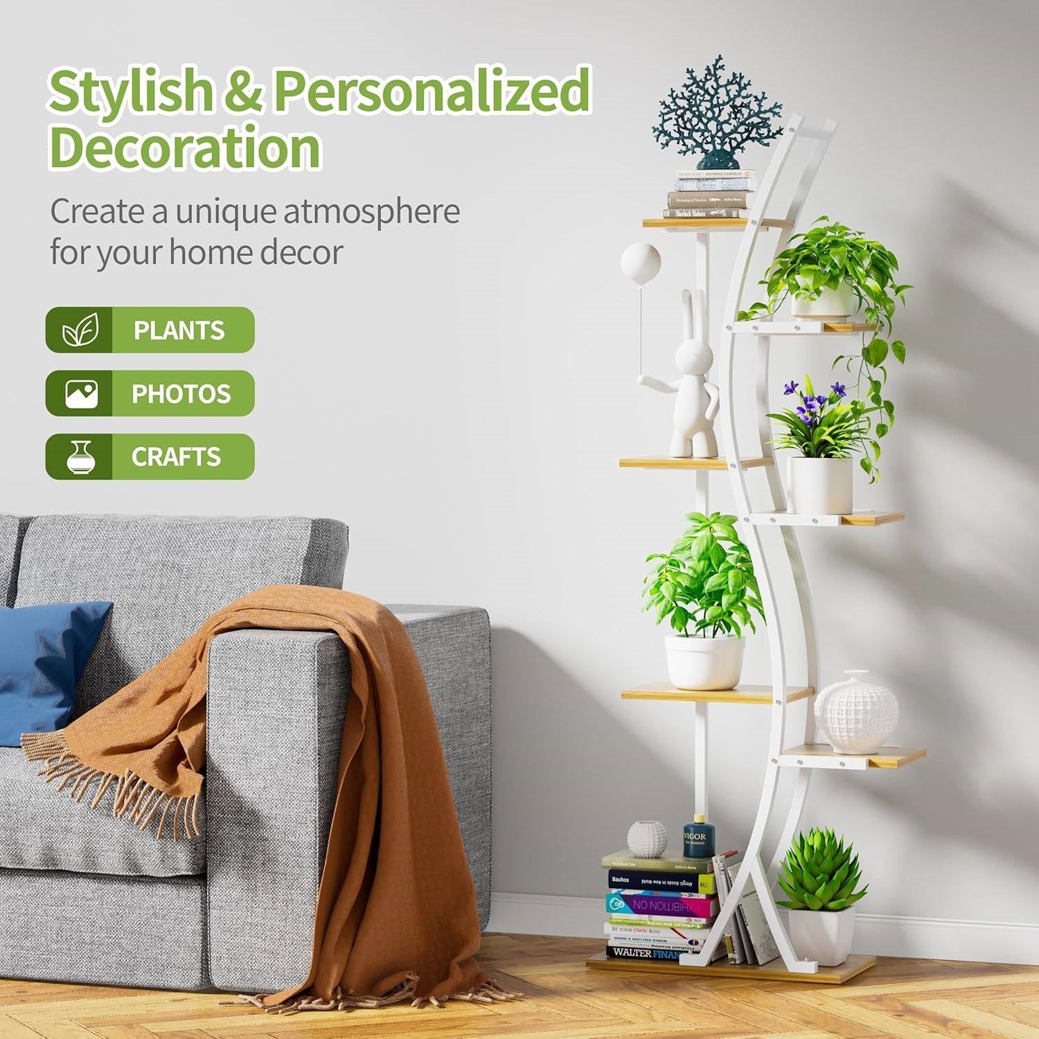 63-inch Tall Indoor Plant Stand with White Metal Frame and Wood Finish Shelves-2