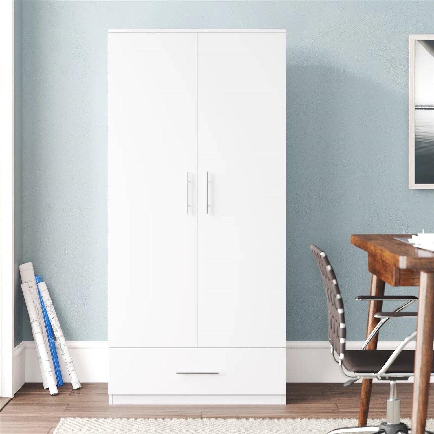 Modern Armoire Wardrobe Closet Cabinet with Storage Drawer in White Wood Finish-0