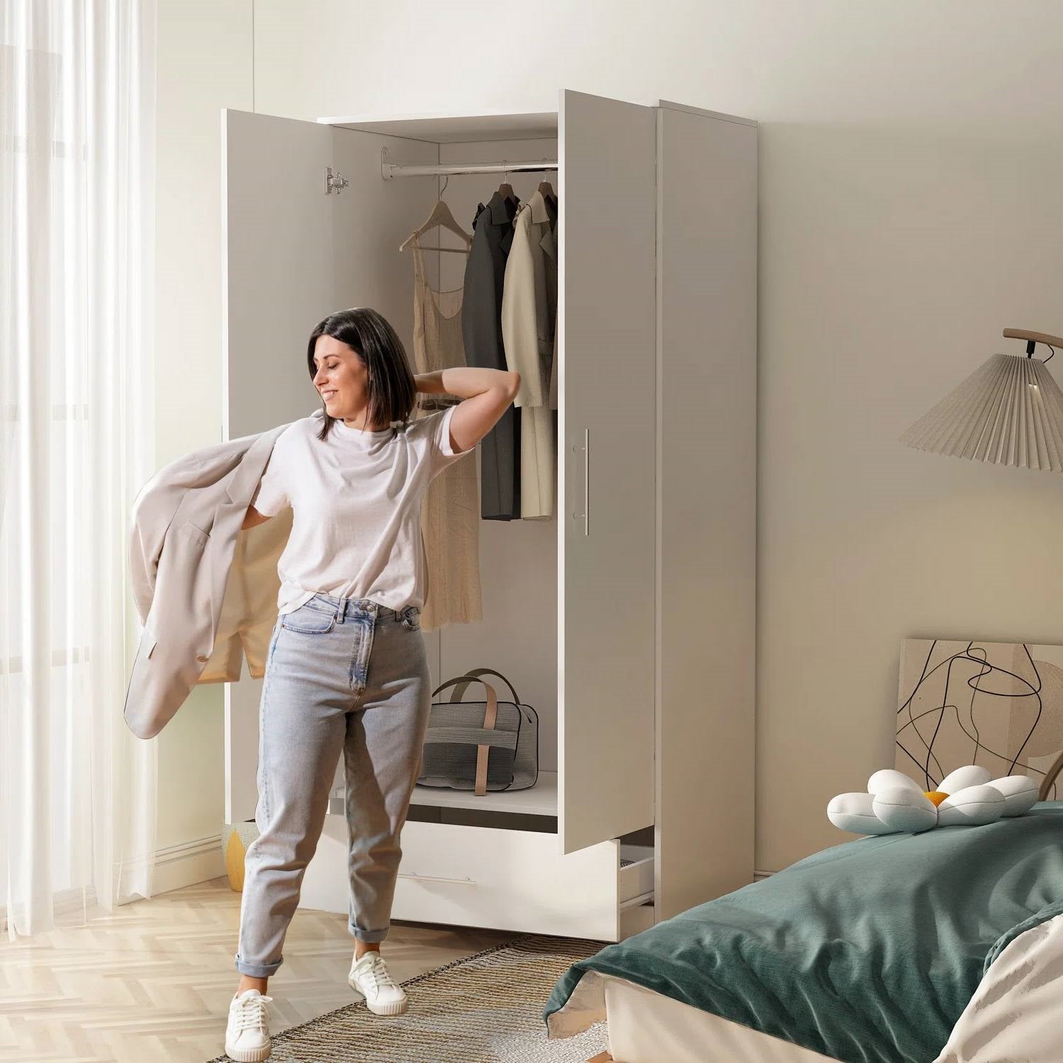 Modern Armoire Wardrobe Closet Cabinet with Storage Drawer in White Wood Finish-1