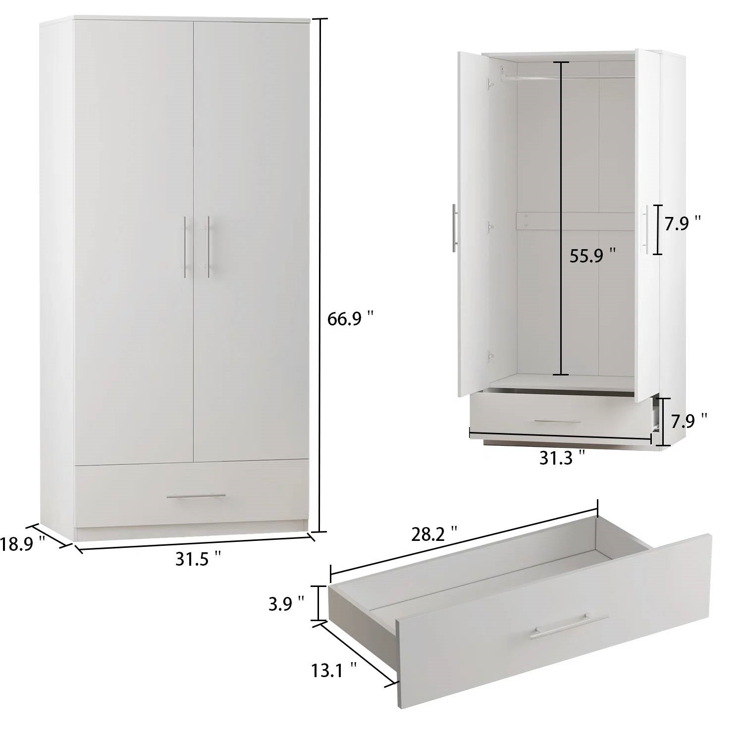 Modern Armoire Wardrobe Closet Cabinet with Storage Drawer in White Wood Finish-4