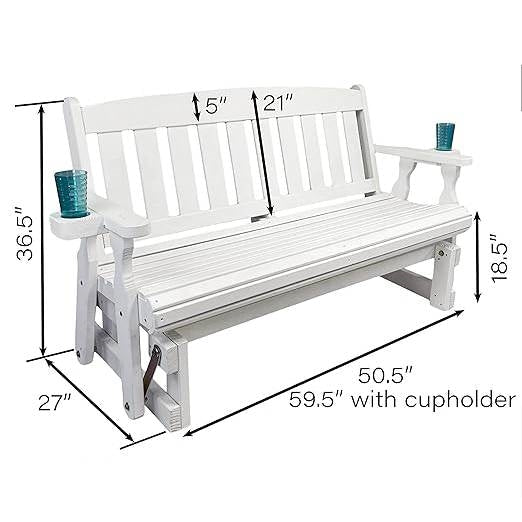 4ft Heavy Duty Amish Porch Glider Bench in White with Cupholders - Made in USA-1