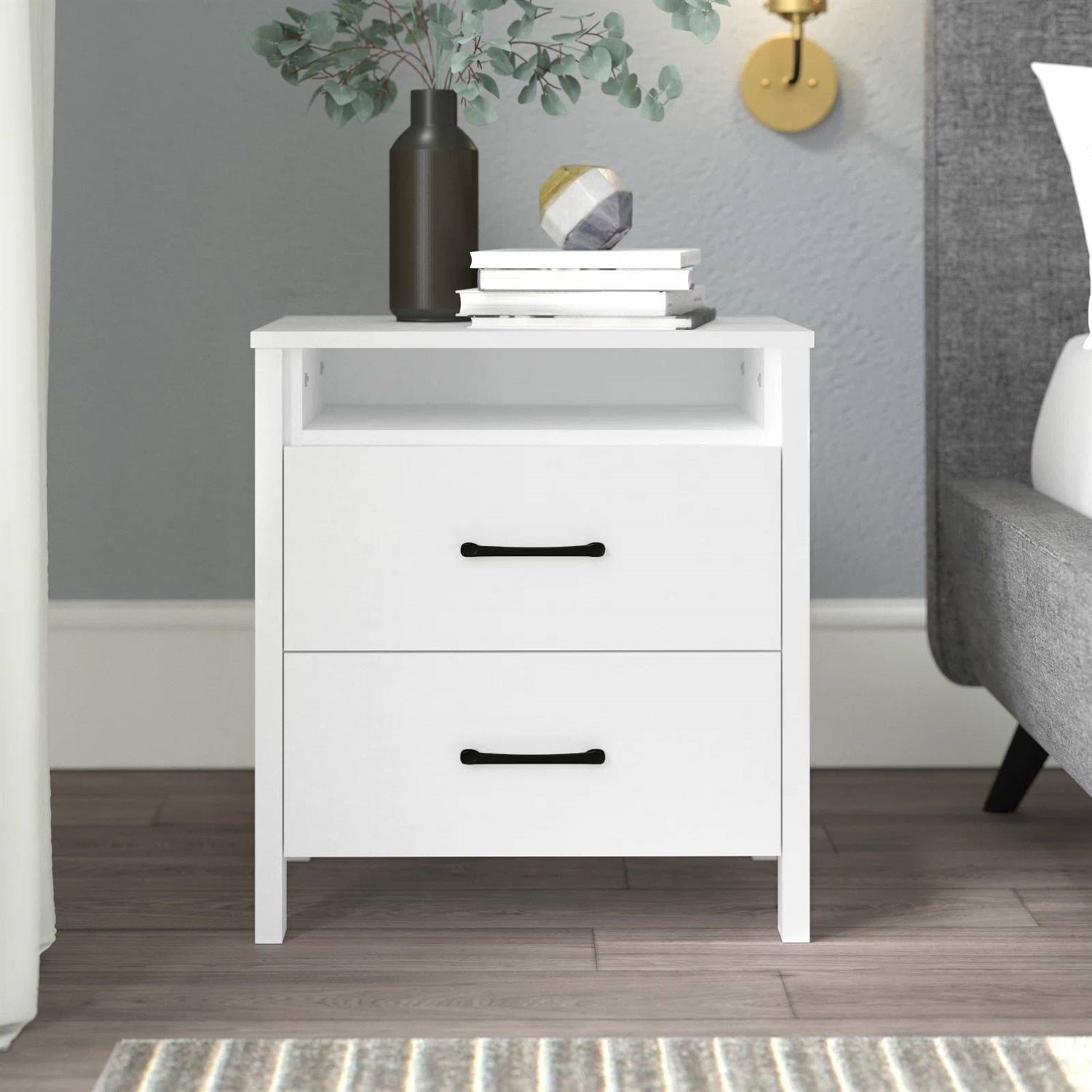 Modern 2-Drawer Bedside Table Nightstand in White Wood Finish-0