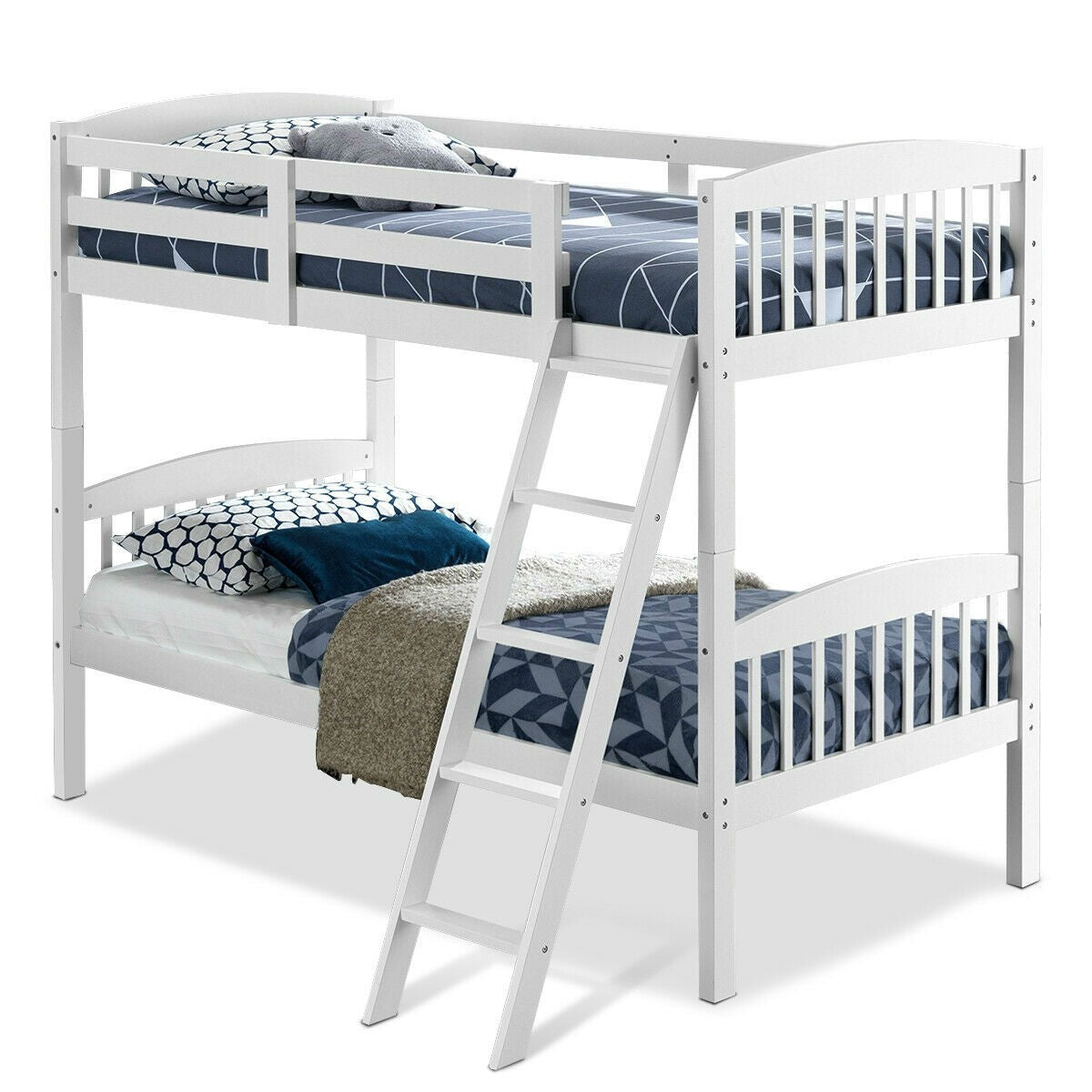 Twin over Twin Wooden Bunk Bed with Ladder in White Wood Finish-0