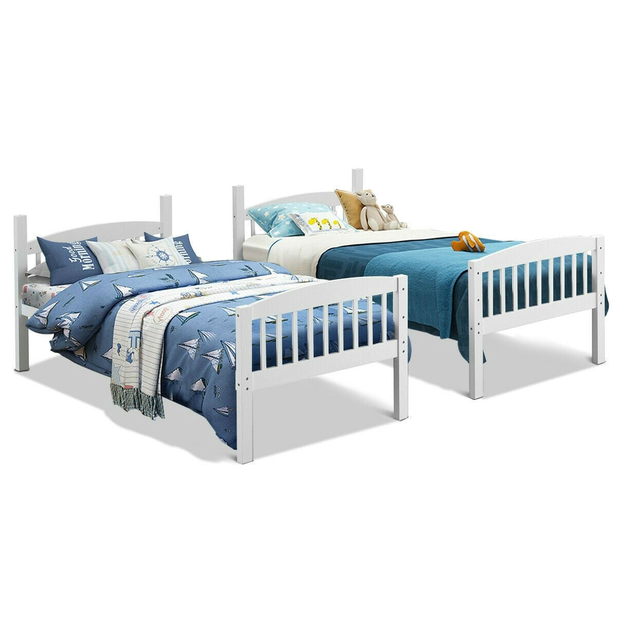 Twin over Twin Wooden Bunk Bed with Ladder in White Wood Finish-1