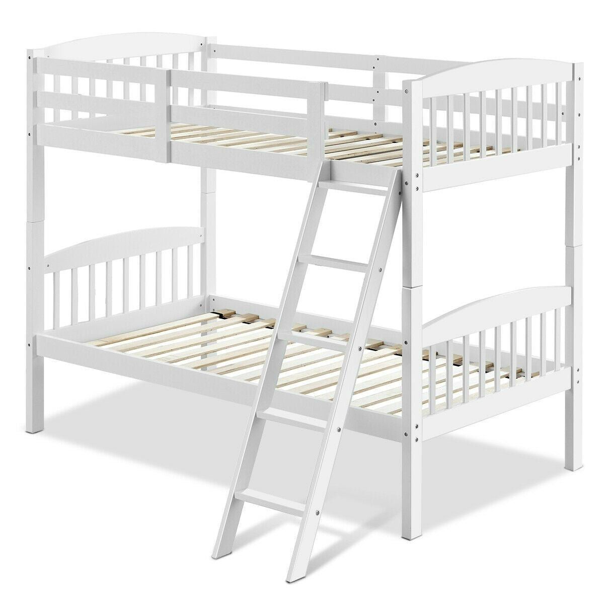 Twin over Twin Wooden Bunk Bed with Ladder in White Wood Finish-2