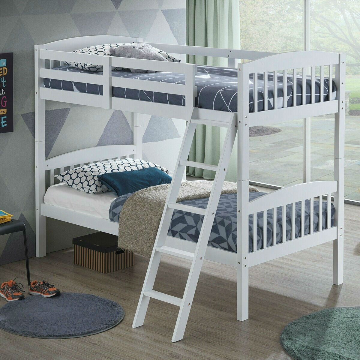 Twin over Twin Wooden Bunk Bed with Ladder in White Wood Finish-3