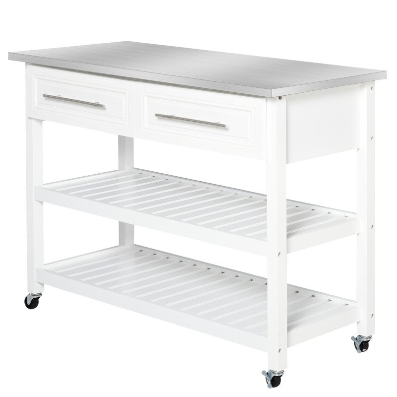 White Rolling Kitchen Island 2 Drawers Storage with Stainless Steel Top-0