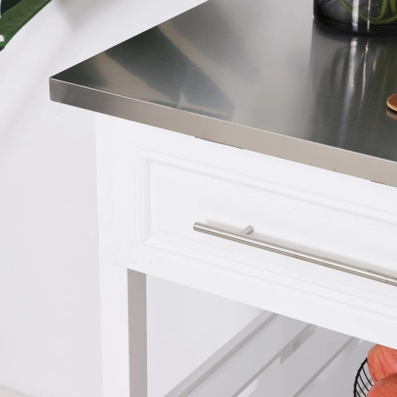 White Rolling Kitchen Island 2 Drawers Storage with Stainless Steel Top-1