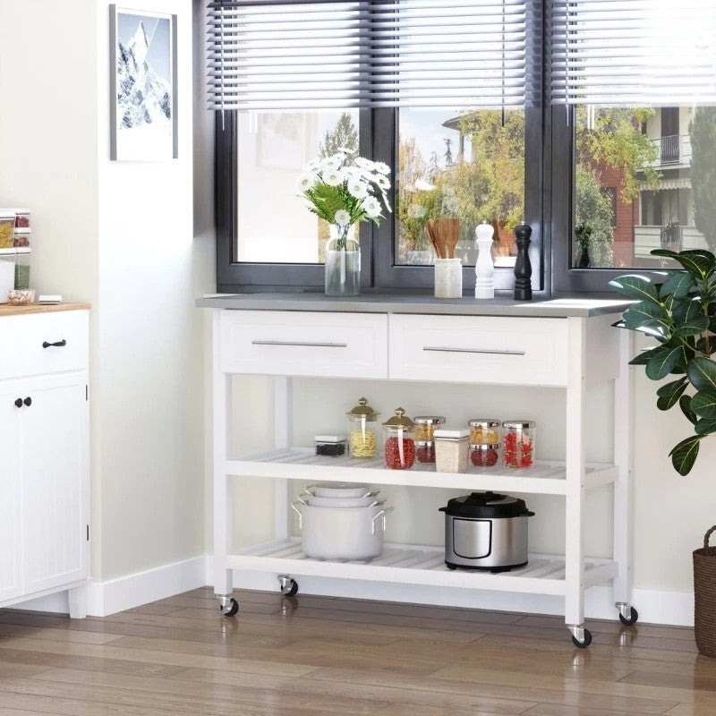 White Rolling Kitchen Island 2 Drawers Storage with Stainless Steel Top-2