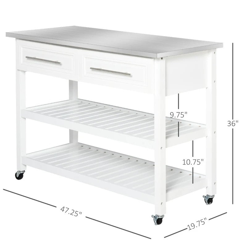 White Rolling Kitchen Island 2 Drawers Storage with Stainless Steel Top-4