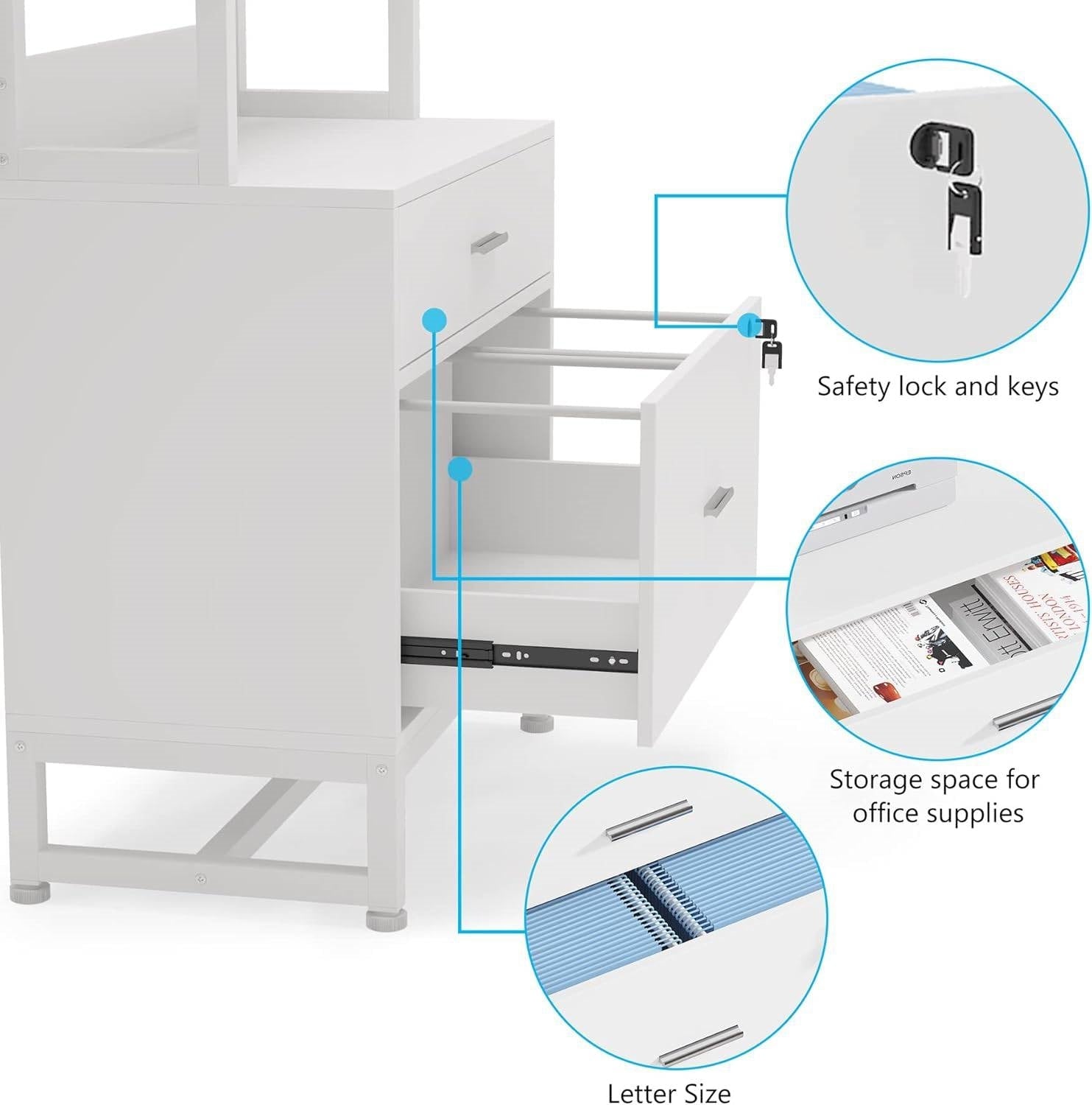 Home Office Lockable 2 Drawer Filing Cabinet Bookshelf in White Wood Finish-3