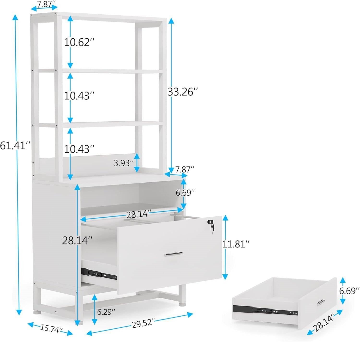 Home Office Lockable 2 Drawer Filing Cabinet Bookshelf in White Wood Finish-4