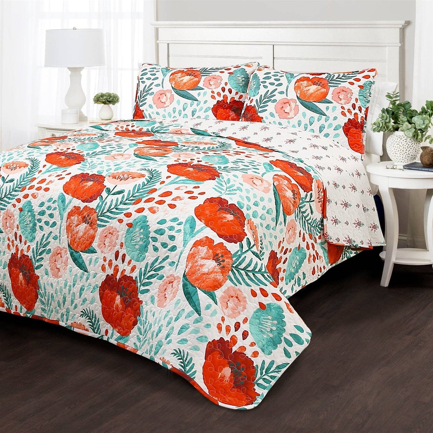 Full/Queen Red Poppy Flower White Teal Lightweight 3 Piece Cotton Quilt Set-0