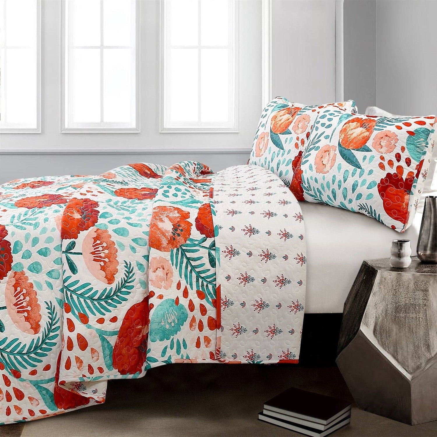 Full/Queen Red Poppy Flower White Teal Lightweight 3 Piece Cotton Quilt Set-1