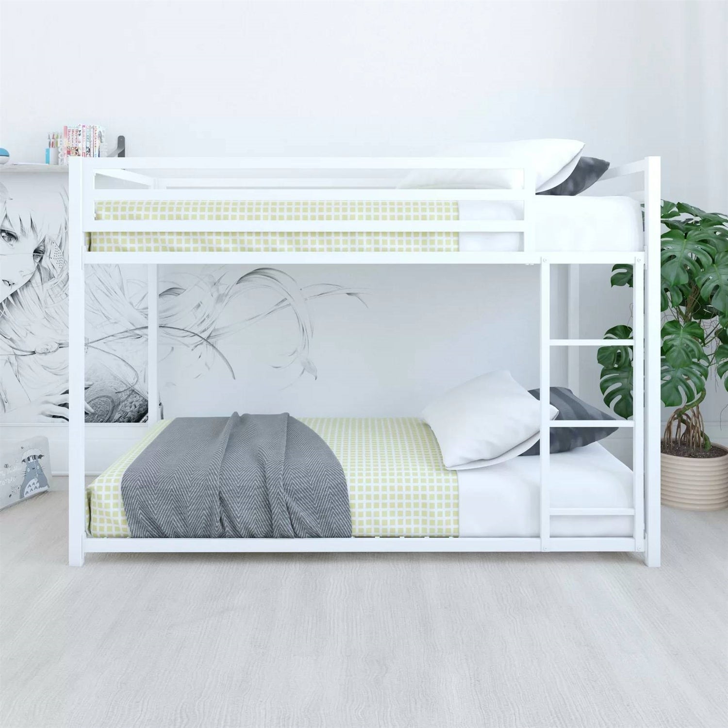 Twin over Twin size Modern Low Height White Metal Bunk Bed-0