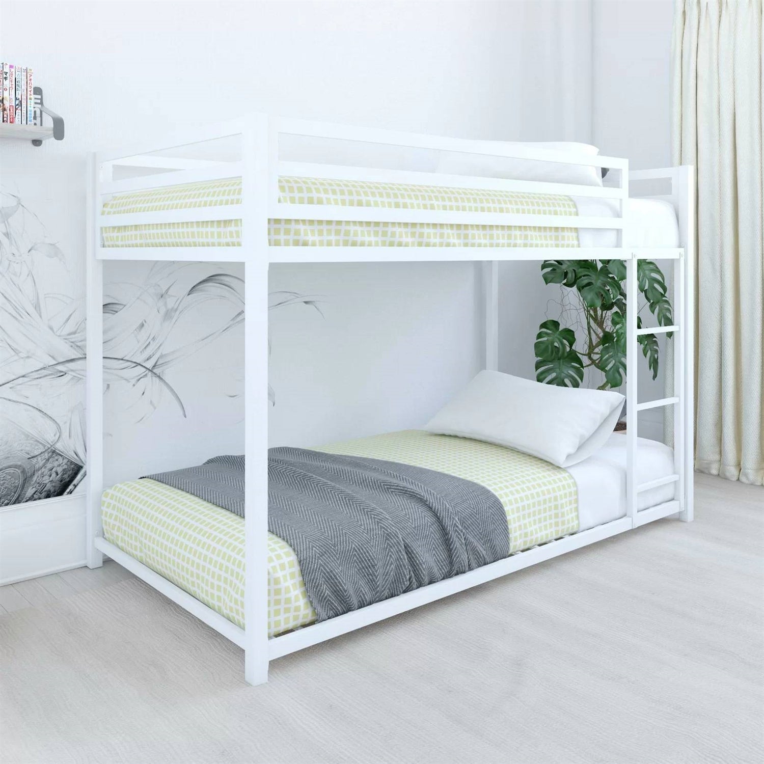 Twin over Twin size Modern Low Height White Metal Bunk Bed-1