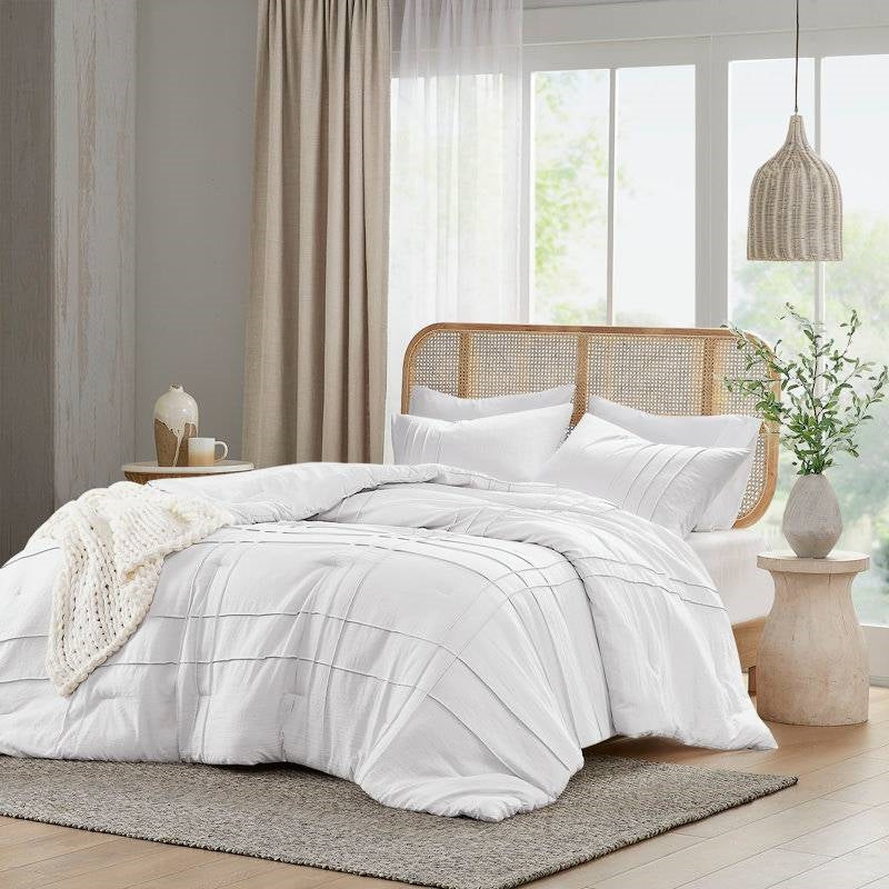 Full/Queen Size Microfiber Pleated Soft Washed Comforter Set White-1