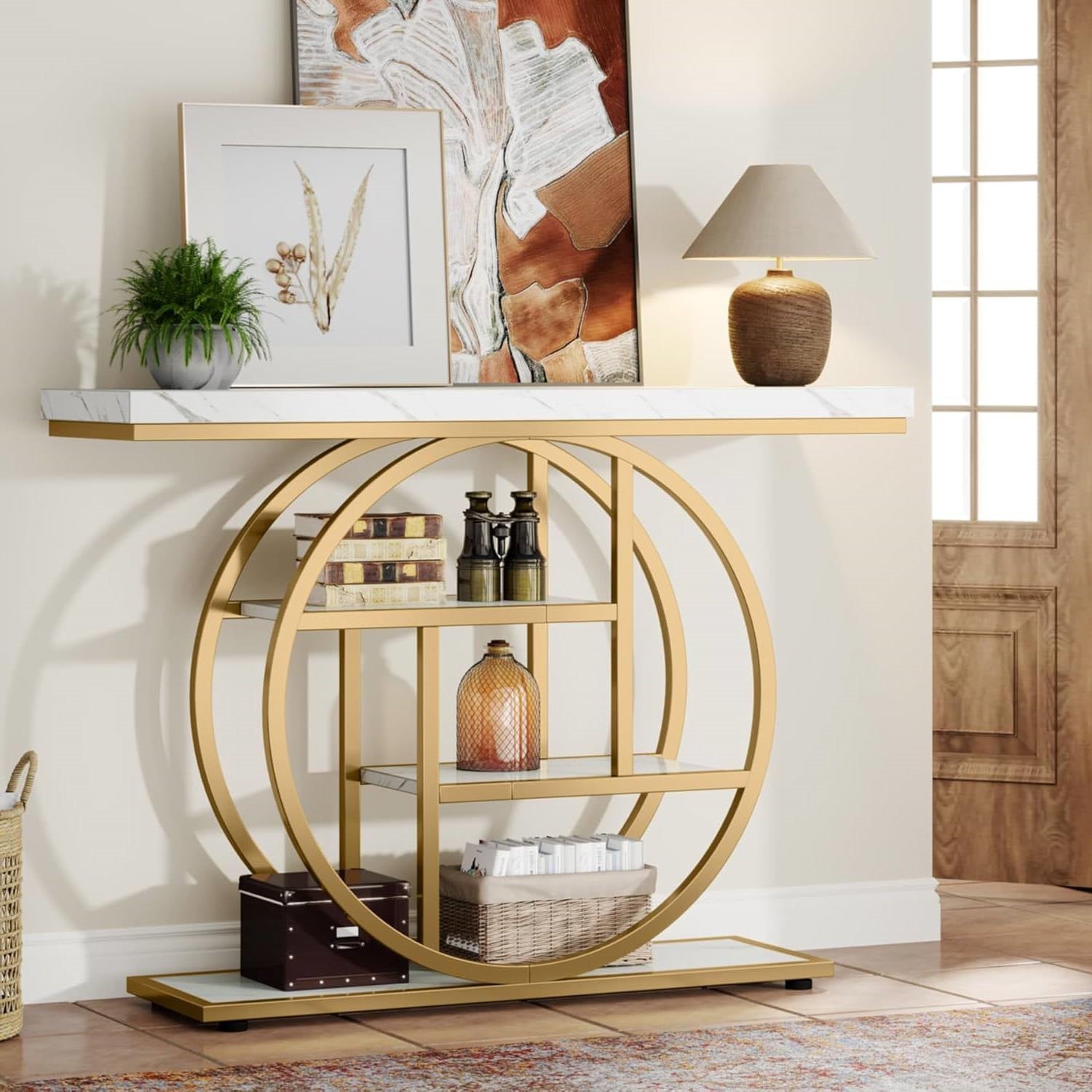 Modern Round Gold Metal Frame Foyer Console Table with White Faux Marble Shelves-0
