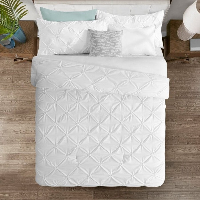 Twin Size All Season Pleated Hypoallergenic Microfiber Reversible 2 Piece Comforter Set in White-0