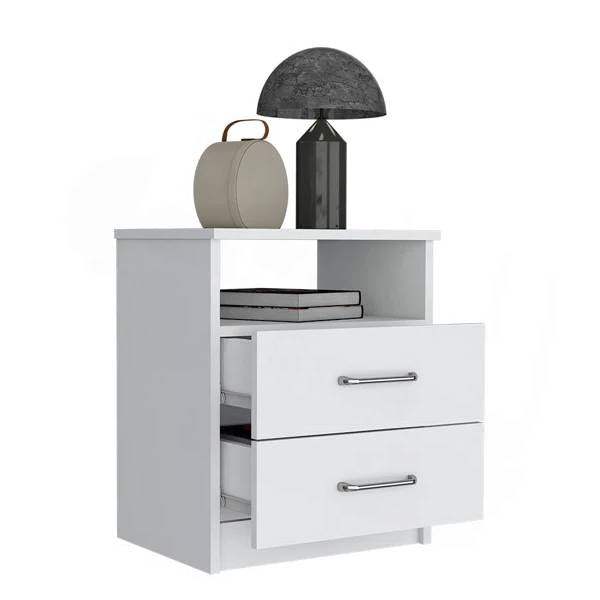 Modern 2-Drawer Nightstand with Open Shelf in White Wood Finish-0