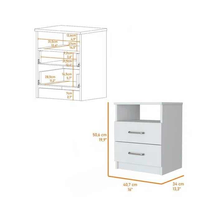 Modern 2-Drawer Nightstand with Open Shelf in White Wood Finish-4