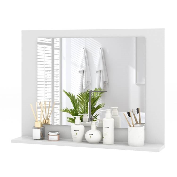Rectangular Bathroom Wall Mirror with Storage Shelf and White Wood Frame-0