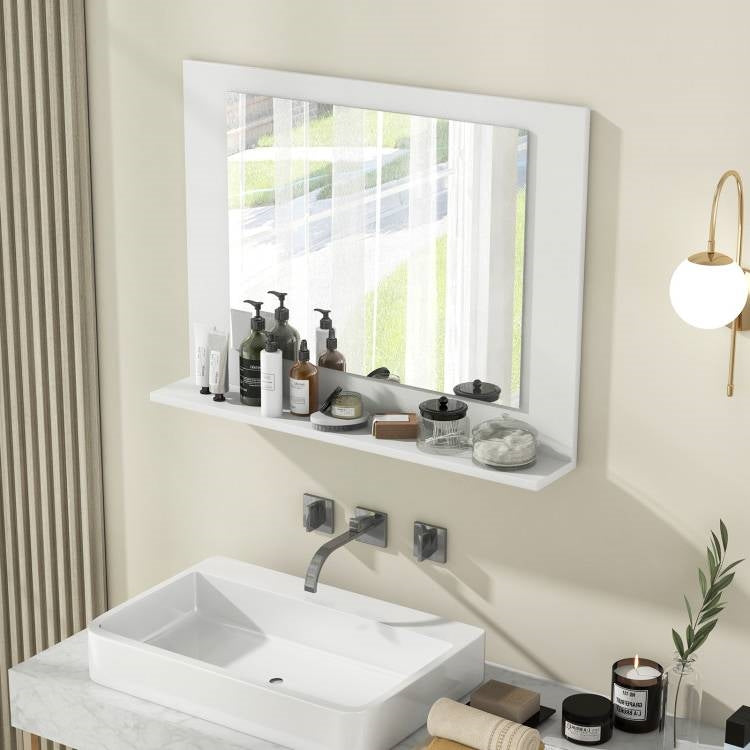 Rectangular Bathroom Wall Mirror with Storage Shelf and White Wood Frame-1