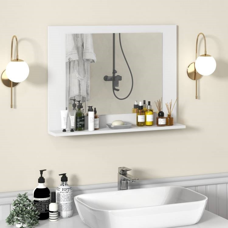 Rectangular Bathroom Wall Mirror with Storage Shelf and White Wood Frame-3