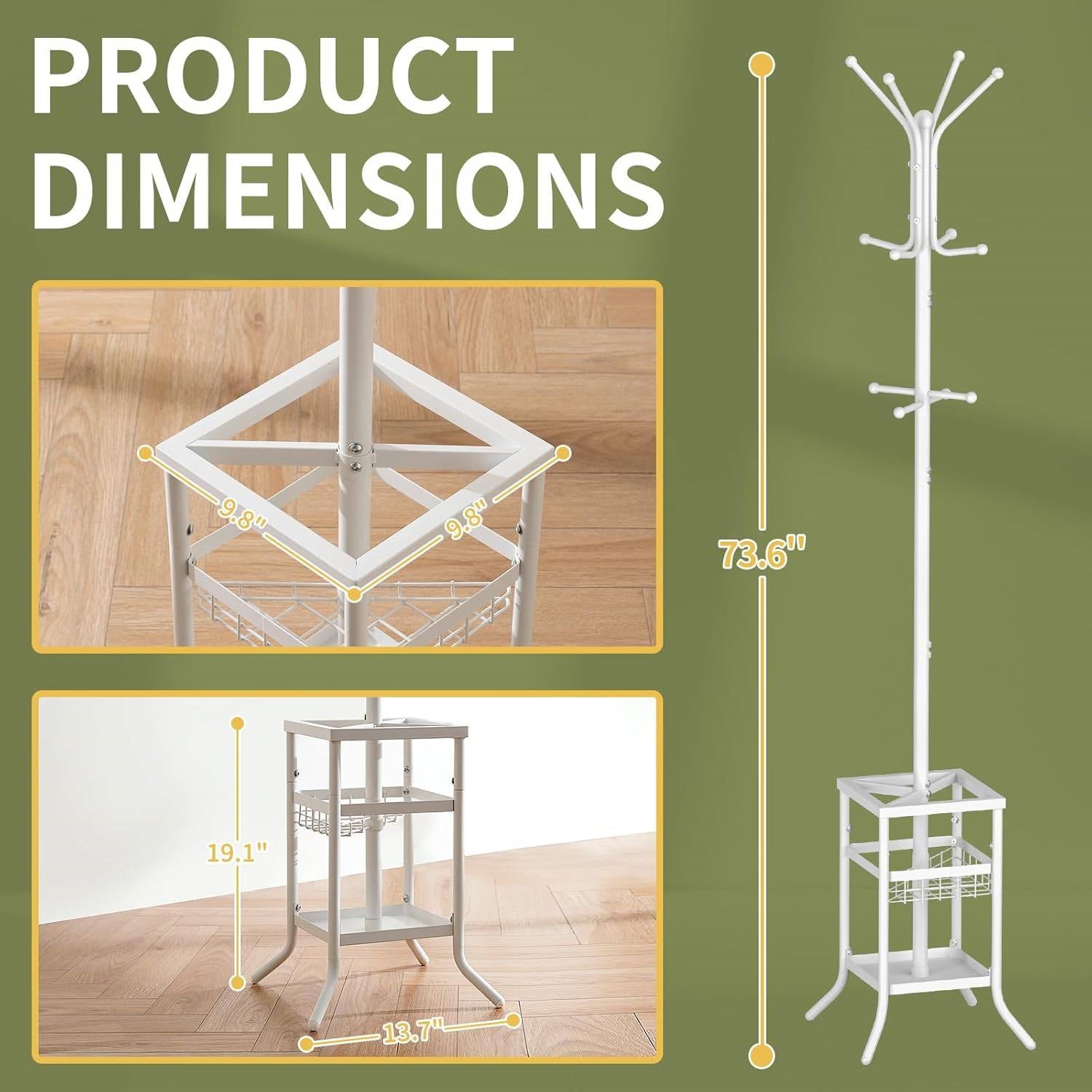 White Metal Coat Rack Entryway Hall Tree with Umbrella Holder-4