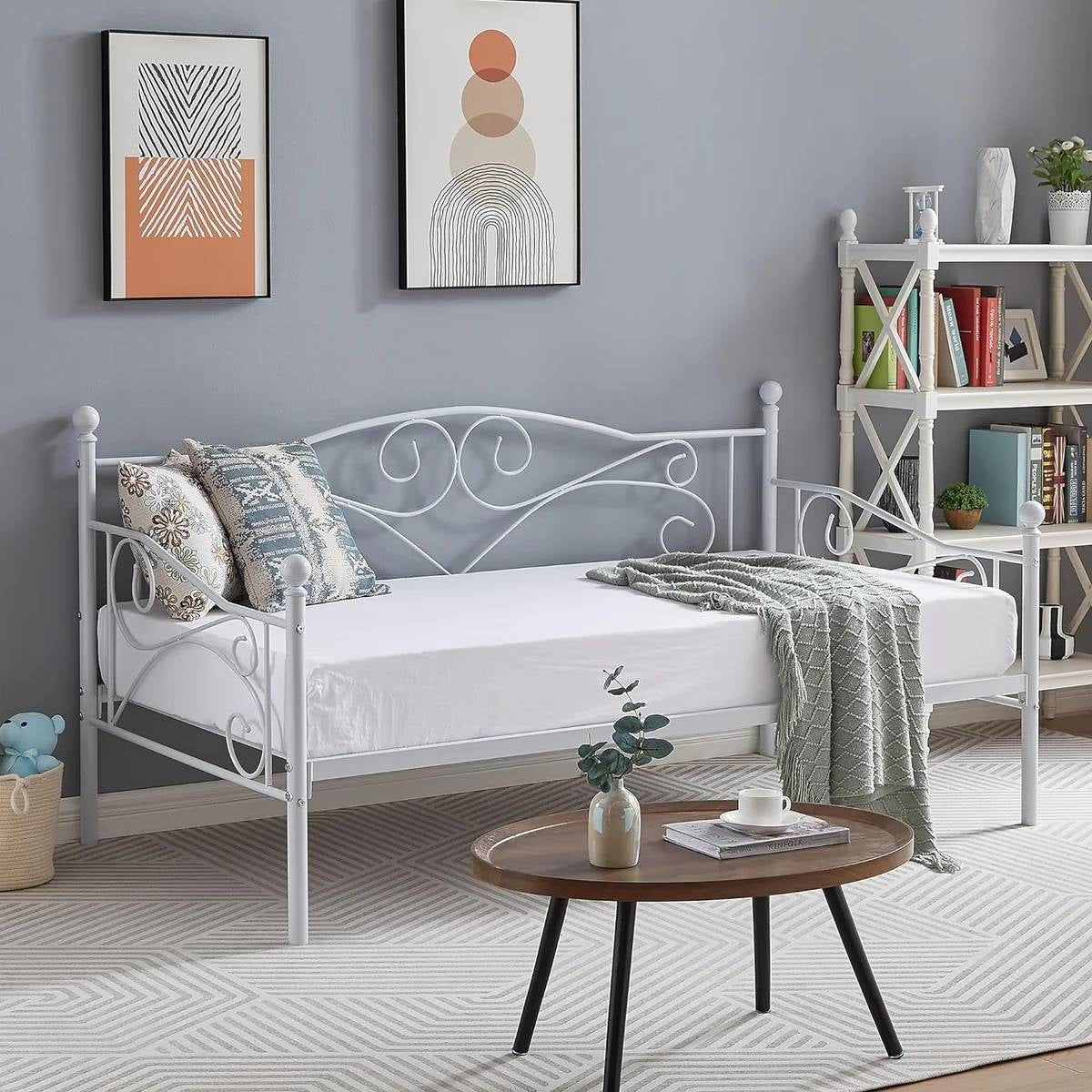 Twin size Classic Heavy Duty Steel Day Bed Frame in White Metal Finish-0
