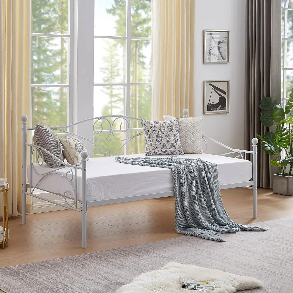 Twin size Classic Heavy Duty Steel Day Bed Frame in White Metal Finish-3