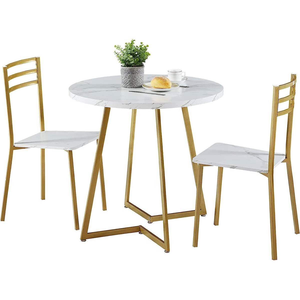 3-Piece Kitchen Dining Set with Round White Faux Marble-Top Table and 2 Chairs-1