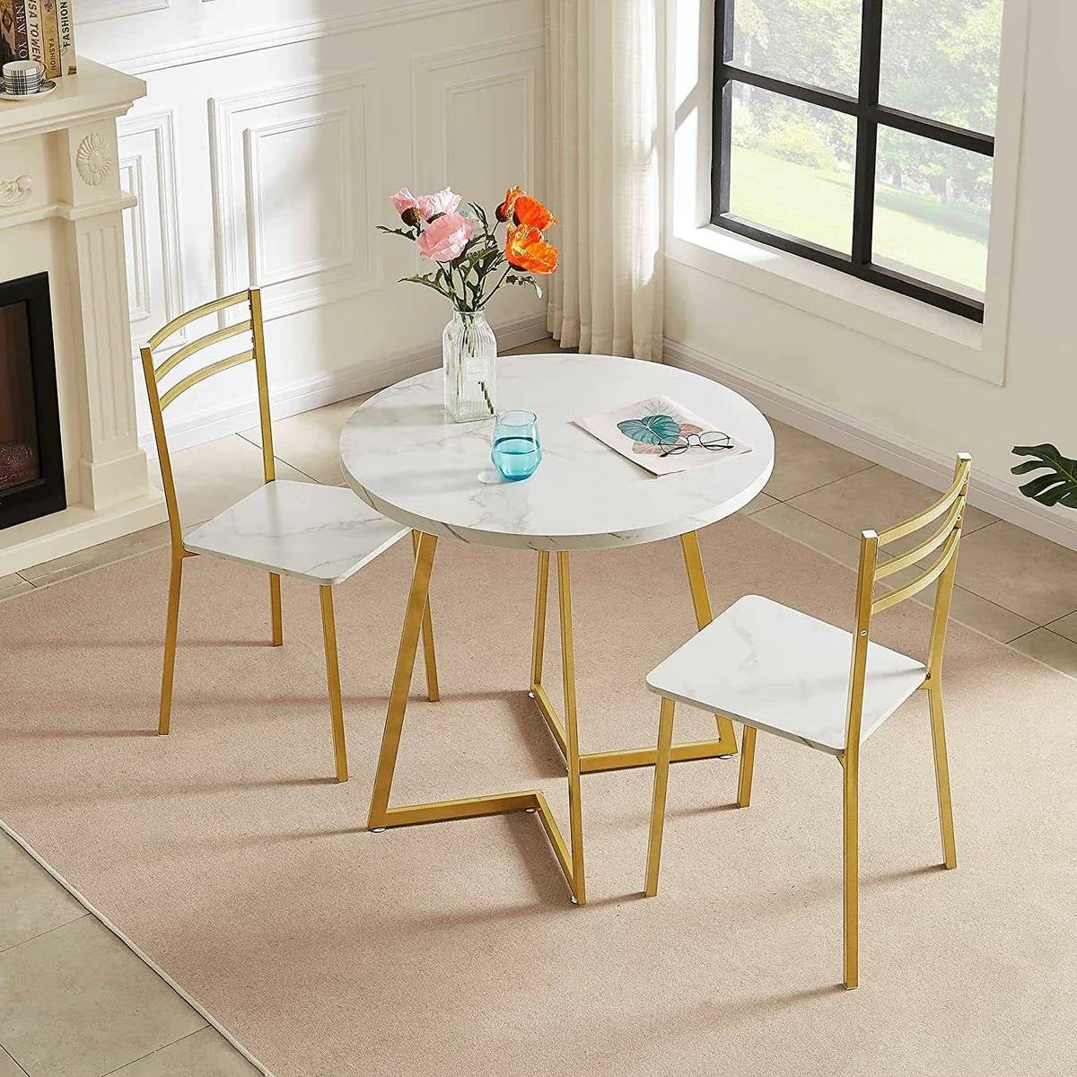 3-Piece Kitchen Dining Set with Round White Faux Marble-Top Table and 2 Chairs-2