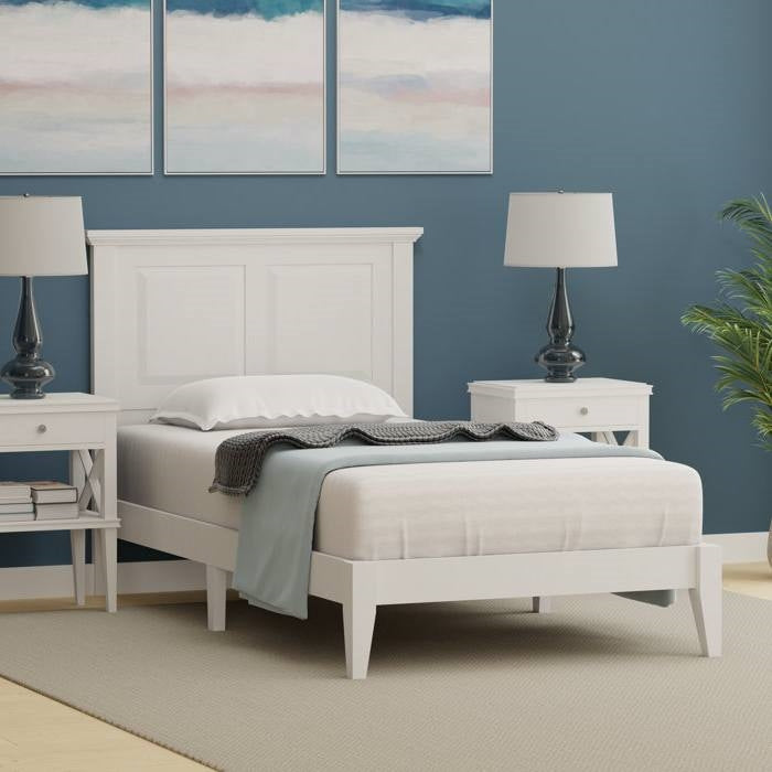 Twin Traditional Solid Oak Wooden Platform Bed Frame with Headboard in White-2